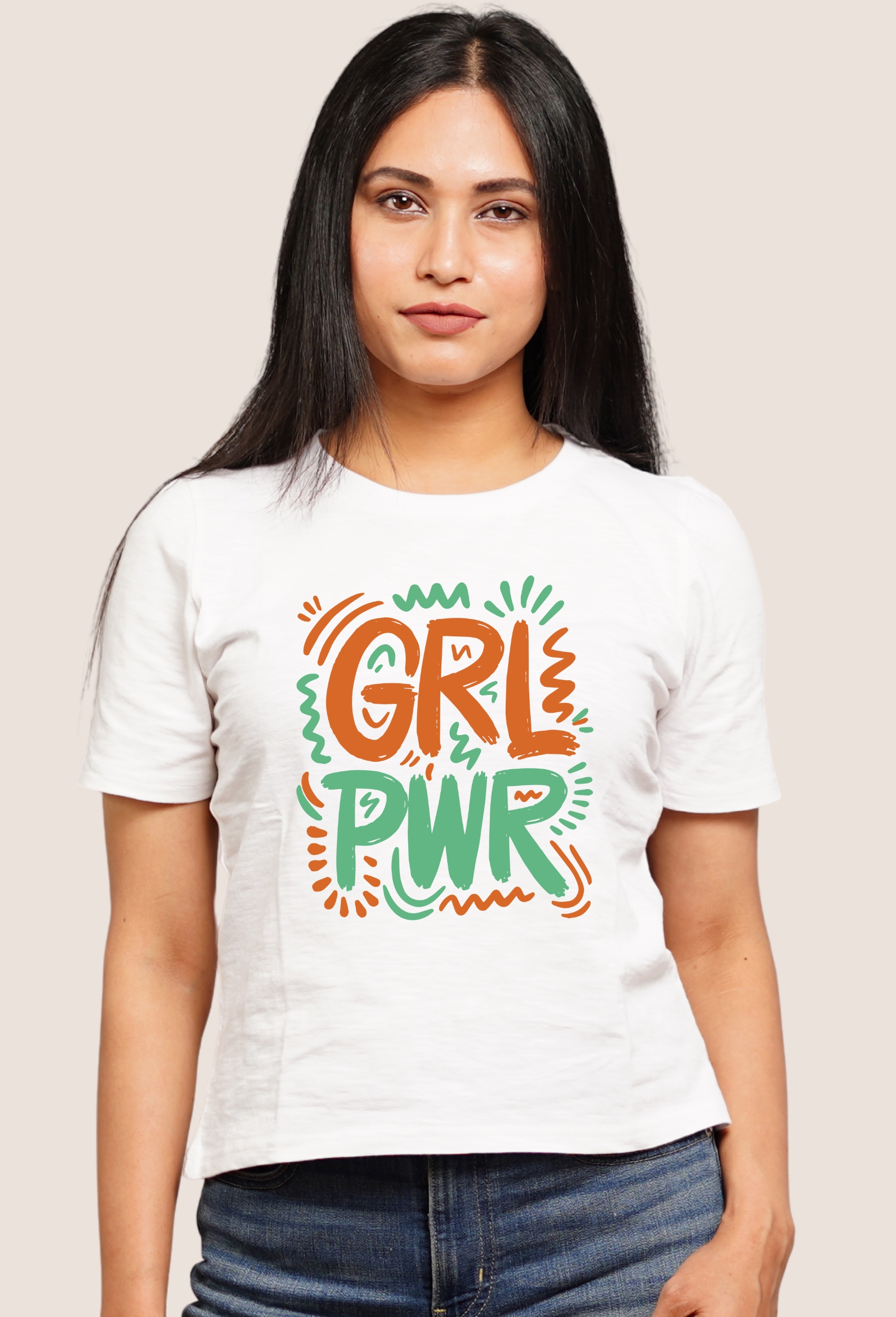 GRL PWR SNOW WHITE CLASSIC T-SHIRT ORANGE GREEN PRINT