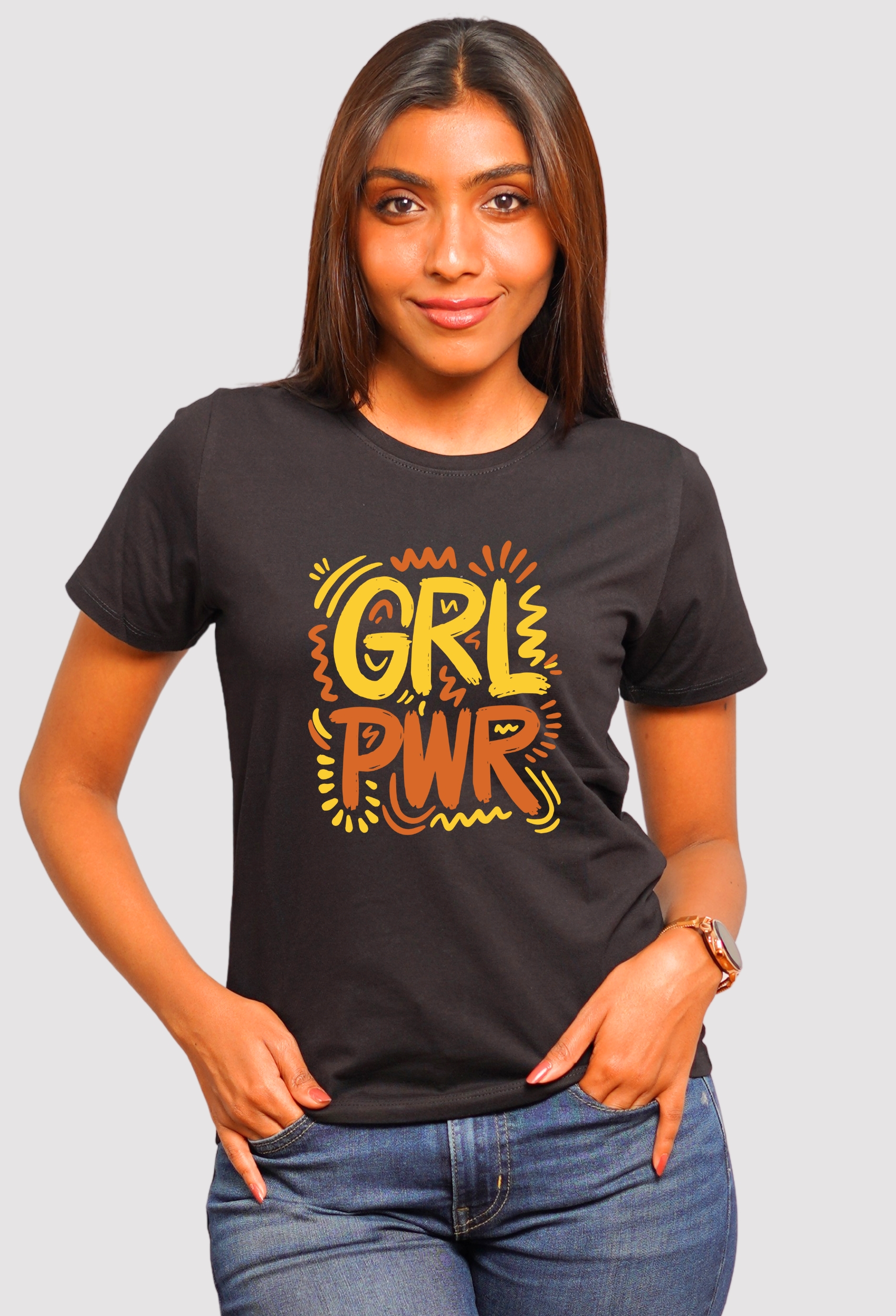 GRL PWR SNOW BLACK CLASSIC T-SHIRT YELLOW ORANGE PRINT