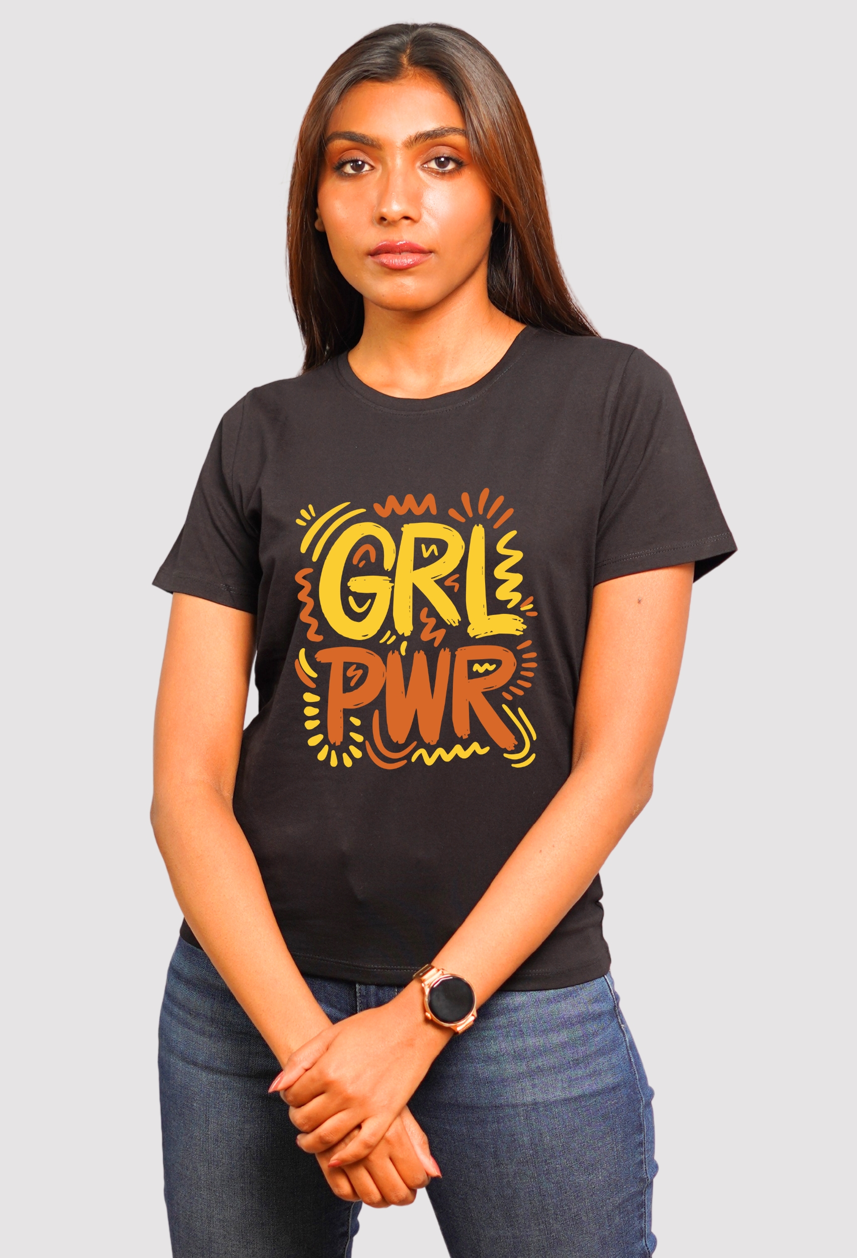 GRL PWR SNOW BLACK CLASSIC T-SHIRT YELLOW ORANGE PRINT