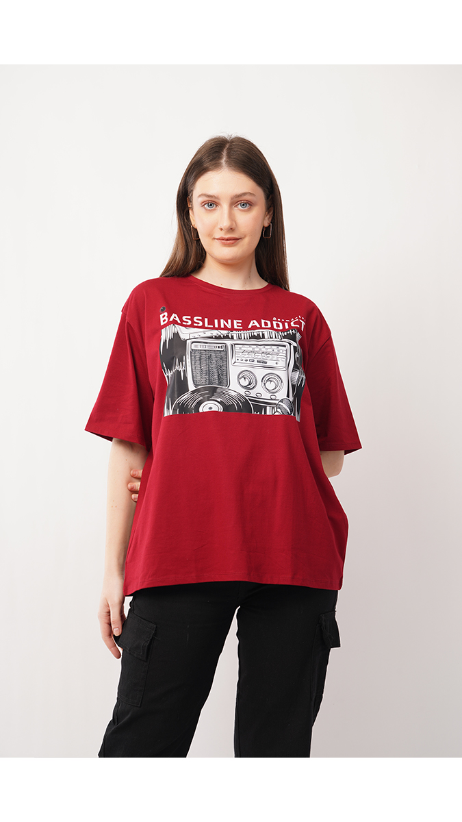 Women's Loose Fit Printed T-Shirt - Maroon | Lycra 180 GSM | Sizes S, M, L Women's Loose Fit Printed T-Shirt - Maroon | Lycra 180 GSM | Sizes S, M, L