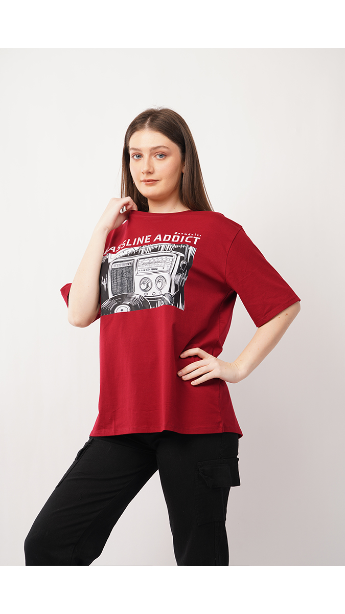 Women's Loose Fit Printed T-Shirt - Maroon | Lycra 180 GSM | Sizes S, M, L Women's Loose Fit Printed T-Shirt - Maroon | Lycra 180 GSM | Sizes S, M, L
