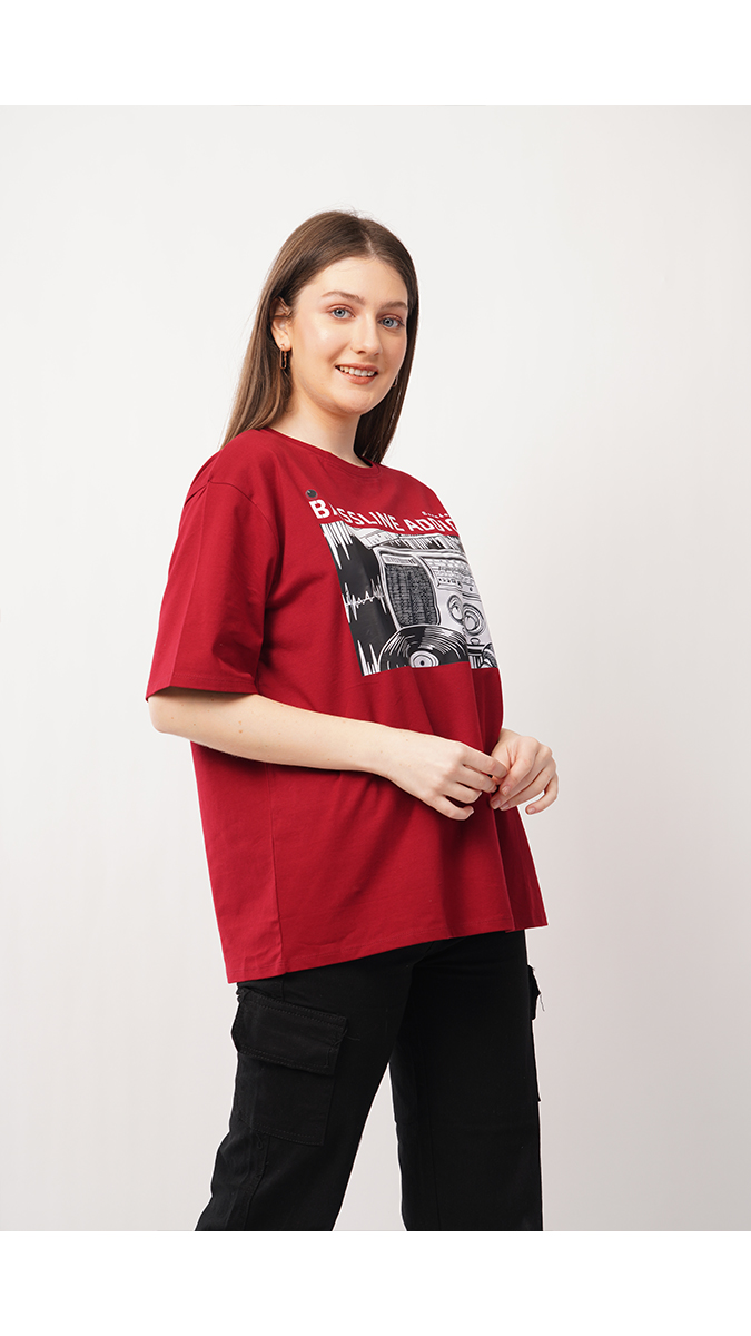 Women's Loose Fit Printed T-Shirt - Maroon | Lycra 180 GSM | Sizes S, M, L Women's Loose Fit Printed T-Shirt - Maroon | Lycra 180 GSM | Sizes S, M, L