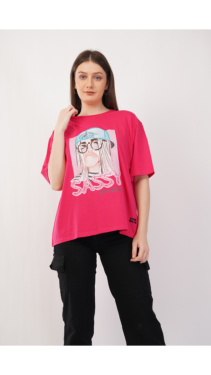 Women's Loose Fit Printed T-Shirt - Ruby Pink | Single Jersey 180 GSM | Sizes S, M, L Women's Loose Fit Printed T-Shirt - Ruby Pink | Single Jersey 180 GSM | Sizes S, M, L