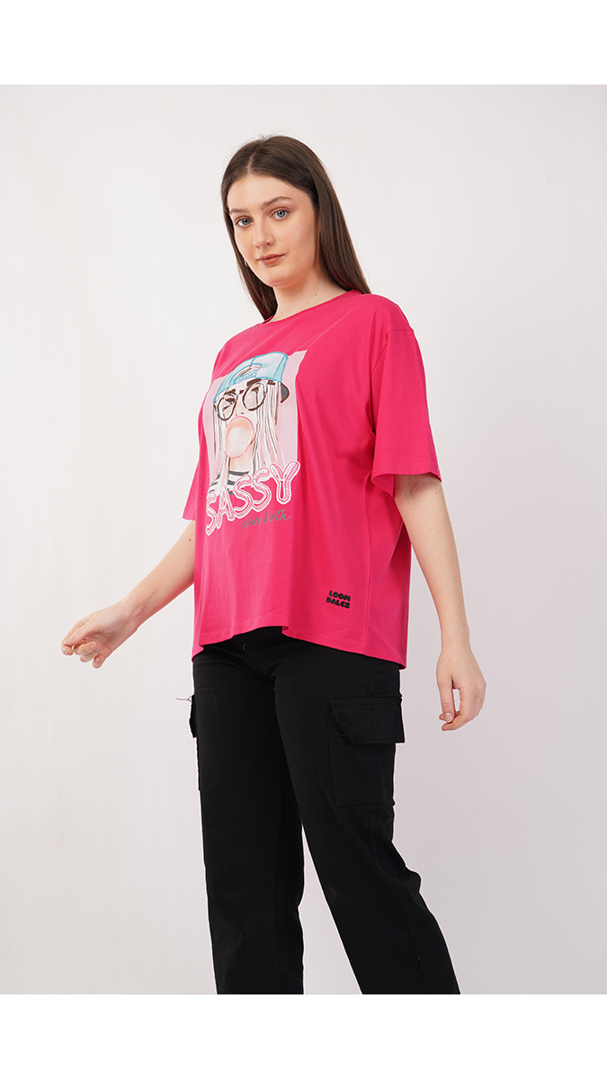 Women's Loose Fit Printed T-Shirt - Ruby Pink | Single Jersey 180 GSM | Sizes S, M, L Women's Loose Fit Printed T-Shirt - Ruby Pink | Single Jersey 180 GSM | Sizes S, M, L
