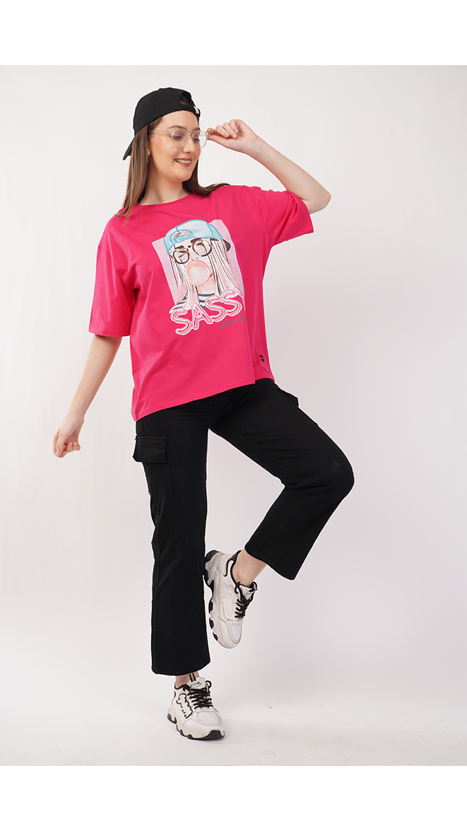 Women's Loose Fit Printed T-Shirt - Ruby Pink | Single Jersey 180 GSM | Sizes S, M, L Women's Loose Fit Printed T-Shirt - Ruby Pink | Single Jersey 180 GSM | Sizes S, M, L