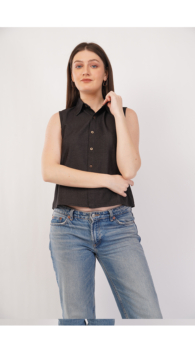 Stylish Black Women's Sleeveless Shirt – Knitted Denim 260-270 GSM | S, M, L