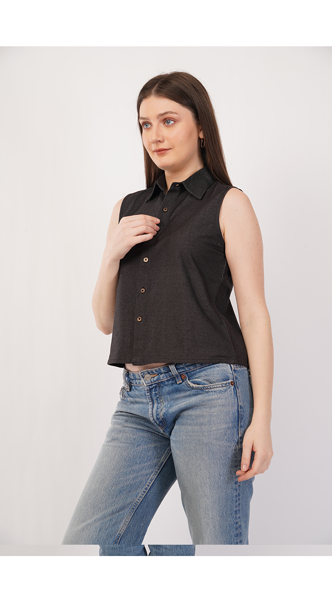 Stylish Black Women's Sleeveless Shirt – Knitted Denim 260-270 GSM | S, M, L