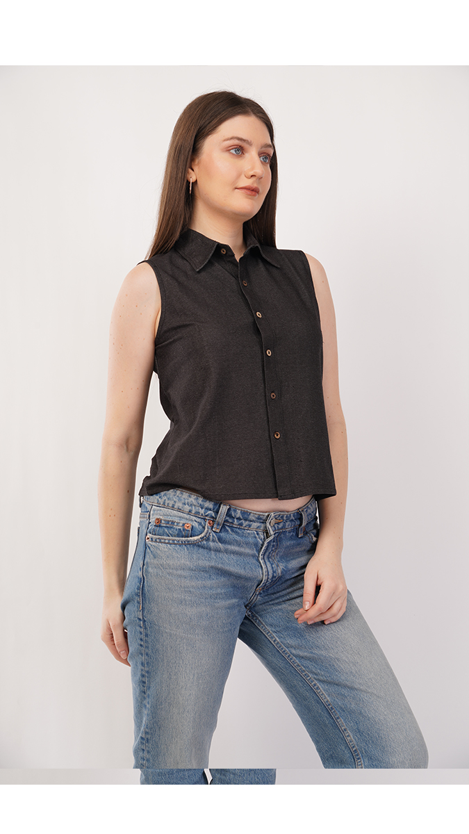 Stylish Black Women's Sleeveless Shirt – Knitted Denim 260-270 GSM | S, M, L