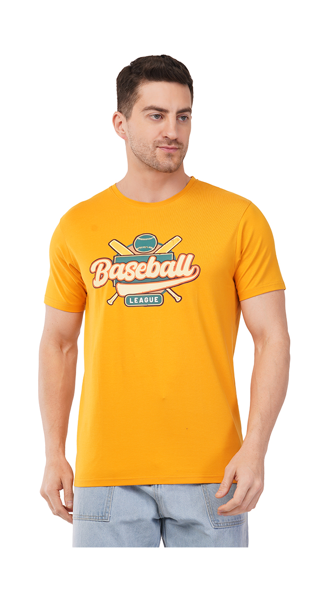 Men's Mustard Yellow Round Neck Slim Fit Printed T-Shirt – Lycra