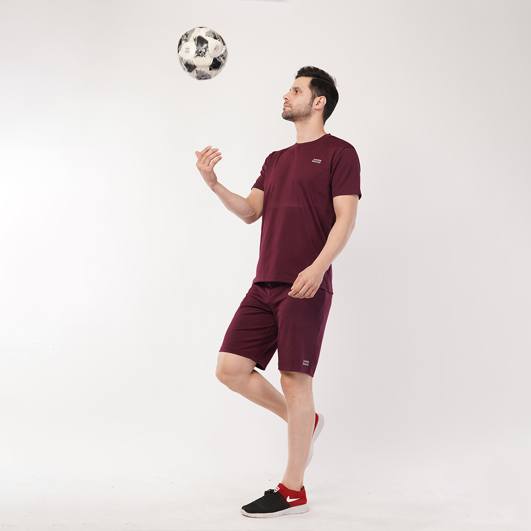 Men's Sports & T-Shirt Set - Zurich 4-Way Lycra, 240-250 GSM, Wine Color (S, M, L) | Stretchable & Breathable Activewear Men's Sports & T-Shirt Set - Zurich 4-Way Lycra, 240-250 GSM, Wine Color (S, M, L) | Stretchable & Breathable Activewear